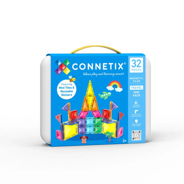 Connetix Tiles Travel Mini Pack 32pcs, featuring colorful mini tiles and reusable stickers for fun creative play on the go.