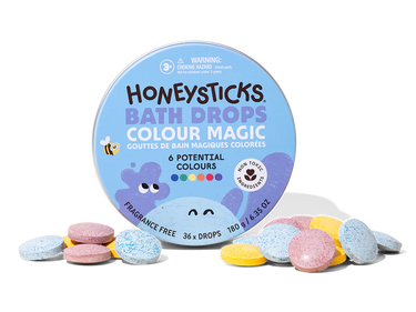 Honeysticks Bath Drops Colour Magic 36 Pack for kids age 3 years and up, offering vibrant colors and fizzy fun.