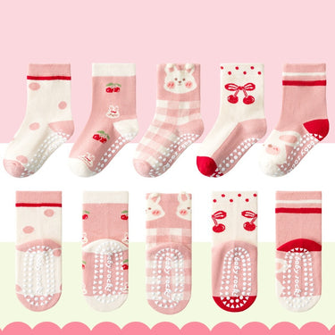 Anti-Slip Bunny & Cherry Kids Socks - 5 Pairs Set (1-5 years)
