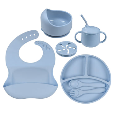 Food Grade Silicone Kids Dinnerware Set - Suction Bowl, Sippy Cut, Divided Plate, Bib, Snackk Cup & Cutlery (7pcs Set)