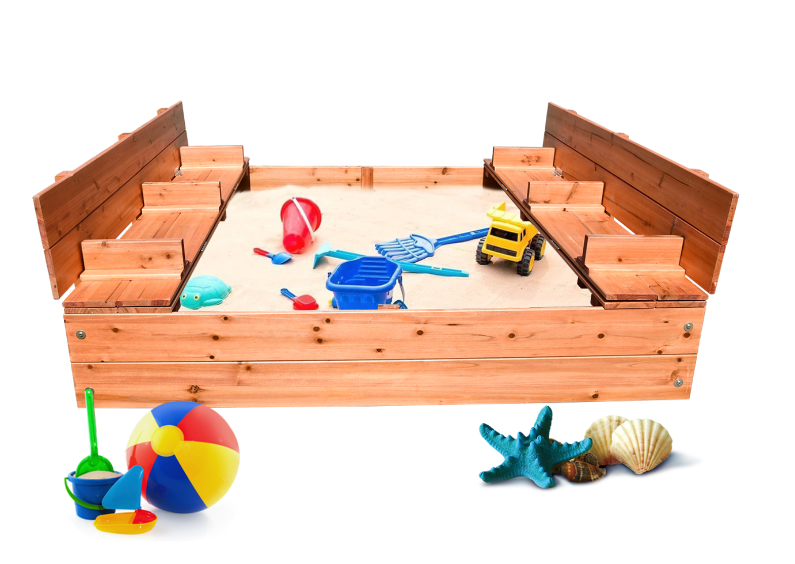 Premium Large Kids Wooden Sandpit With Fold-Out Bench Seats