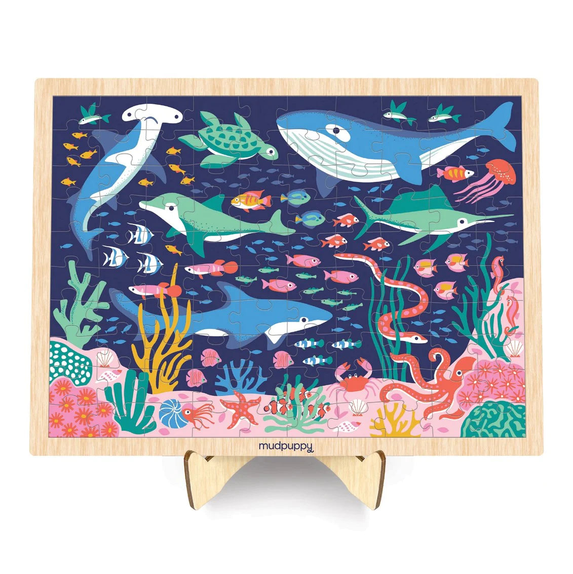 Mudpuppy Ocean Life 100 Piece Wood Puzzle + Display