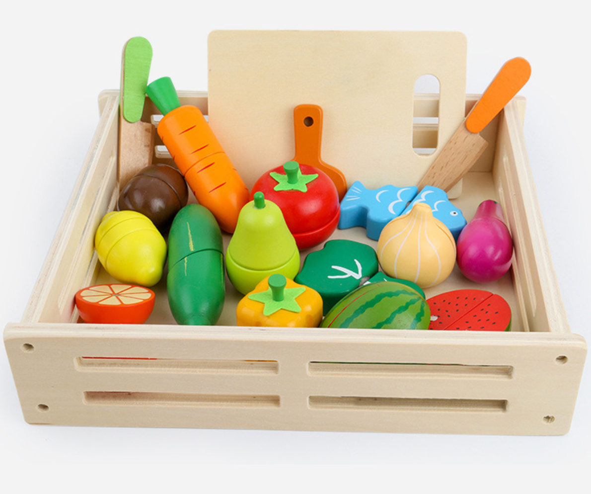 Magnetic Wooden Fruits & Vegetables Cutting Play Set with Cutting Board & Storage Tray - Taylorson