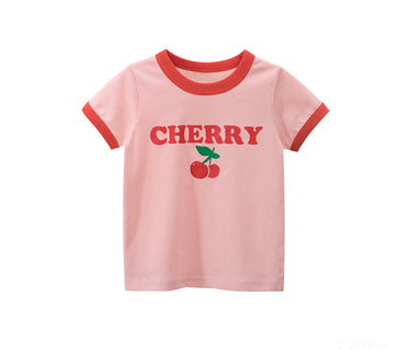 Girls Pink Cherry Cotton Kids Ringer T-Shirt (1-10 years)