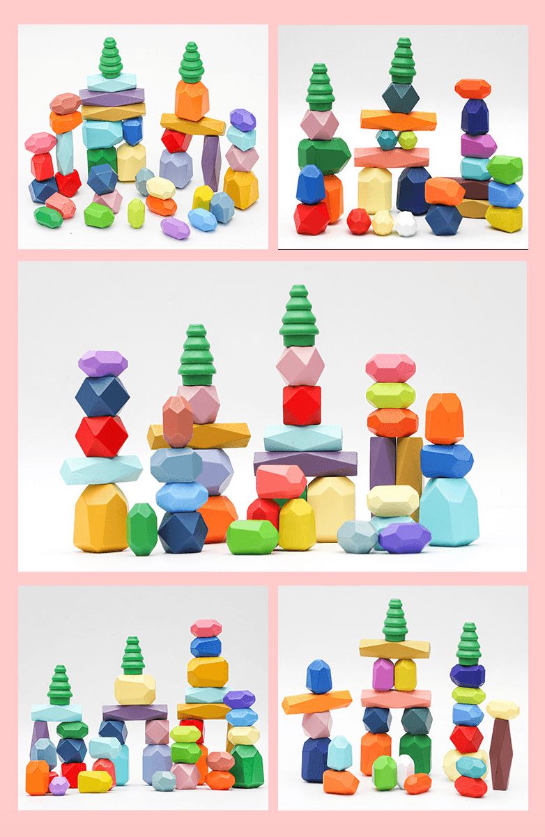 38pcs Wooden Stacking Stone Building Blocks with Storage Bag (3 years+ ...