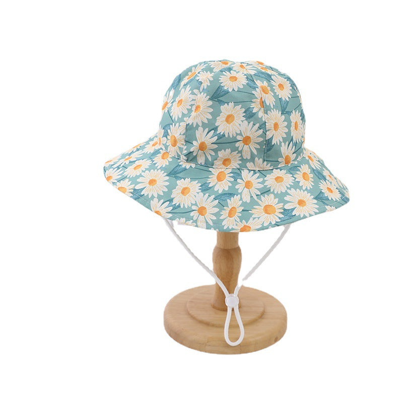 Large Brim Kids Sun Hat | Bucket Hat - Daisies in Blue (2-5 years)