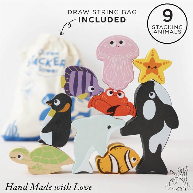 Le Toy Van Wooden Stacking Ocean Animals with Storage Bag (Gift Box)
