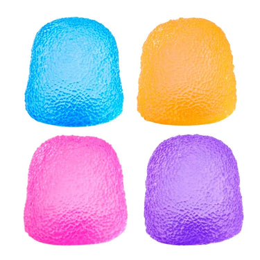 Four colorful, textured sensory stress balls in blue, orange, pink, and purple.