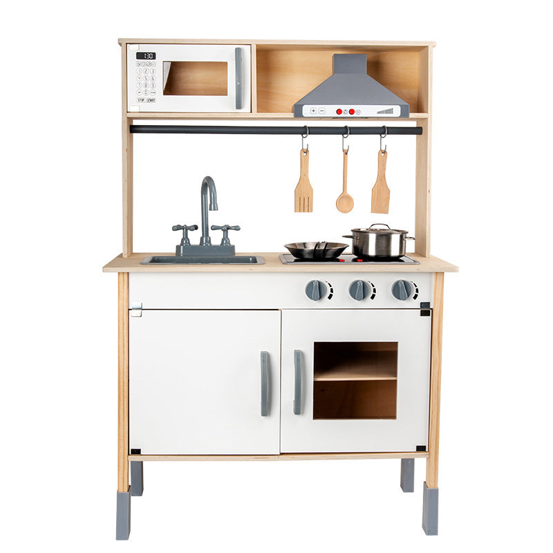 Pretend-Play Wooden Kitchen Playset with Light, Sound and Cooking Facilities