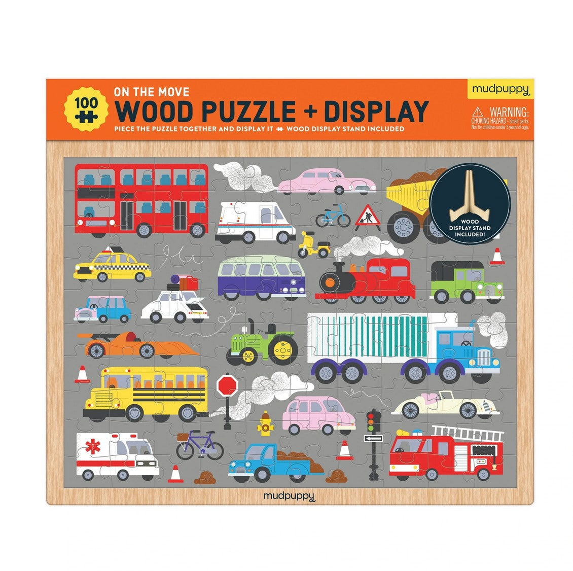 Mudpuppy Vehicles on the Move 100 Piece Wood Puzzle + Display
