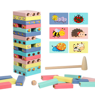 Wooden Tumbling Tower with Dice & Hammer  - Wooden Digital | Multicoloured Animal