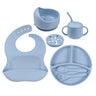 Food Grade Silicone Kids Dinnerware Set - Suction Bowl, Sippy Cut, Divided Plate, Bib, Snackk Cup & Cutlery (7pcs Set)