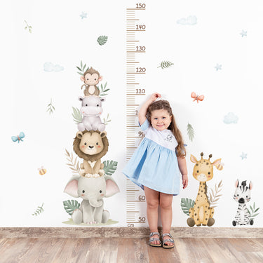 Kids Growth Chart Height Ruler Sticker - Wild Animals & Leaves