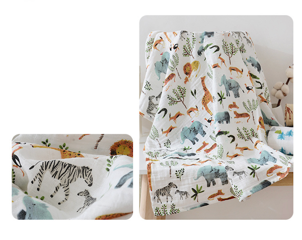 Two Layers Baby Muslin Wrap Swaddle - Wild Animals