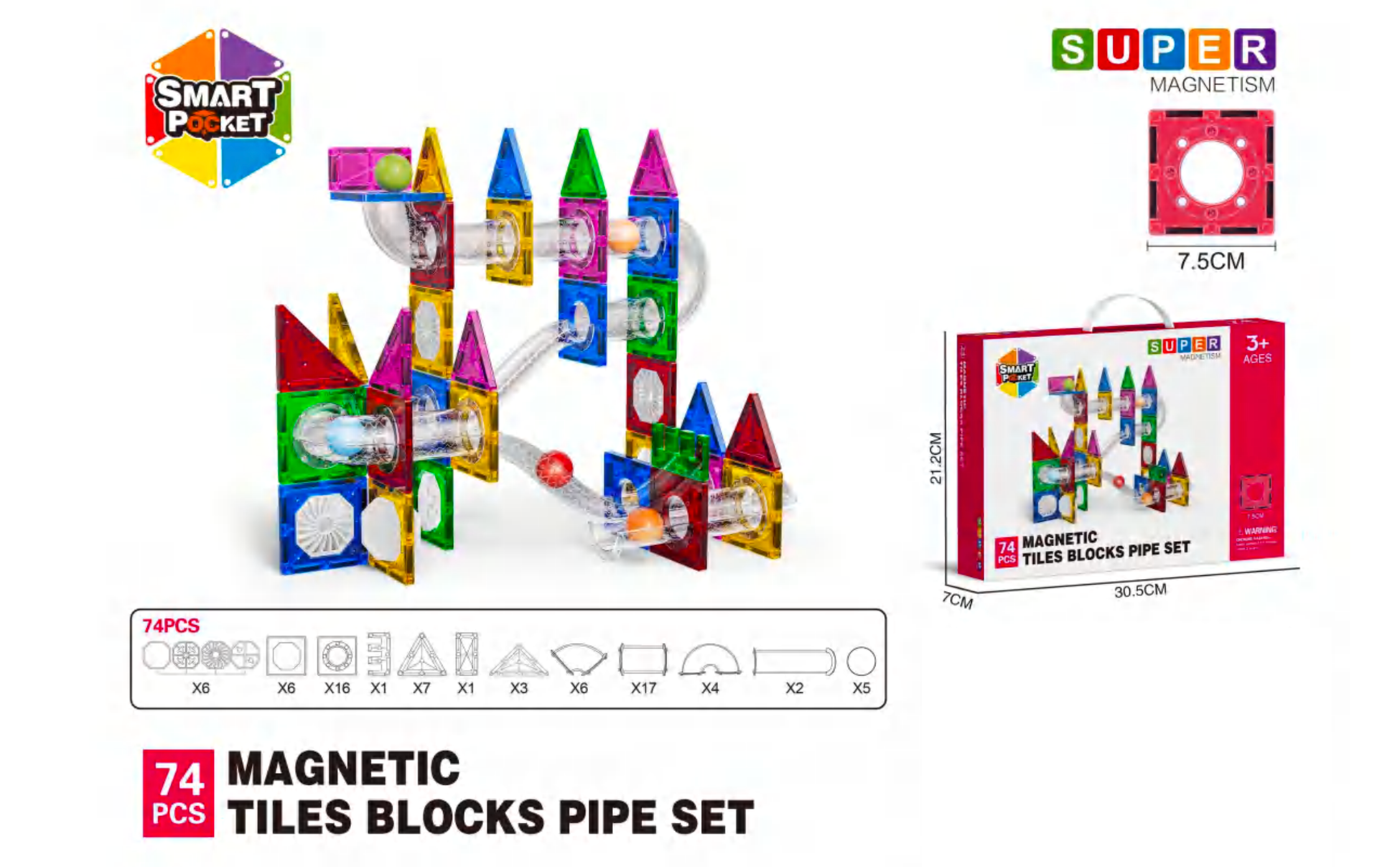 Super Magnetism - 74pcs Magnetic Tiles Ball Run Pipe Set