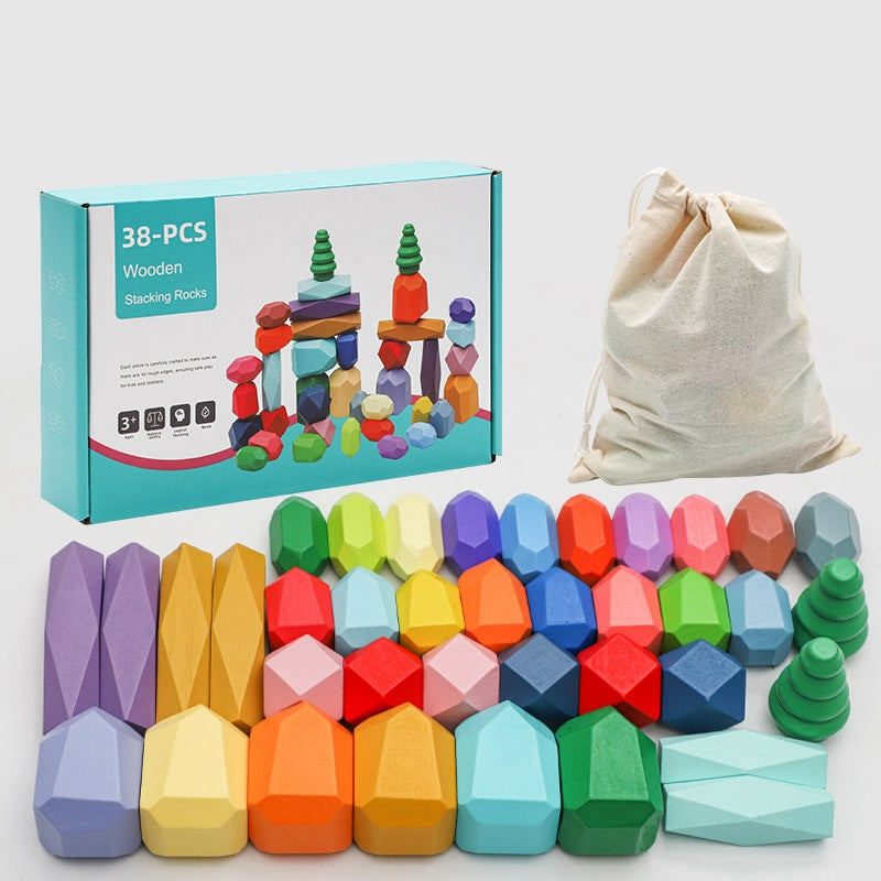 38pcs Wooden Stacking Stone Building Blocks with Storage Bag