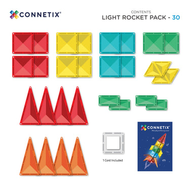 Connetix Tiles Light Rocket Pack 30pcs contents featuring colorful tiles including red, yellow, green, and blue pieces.