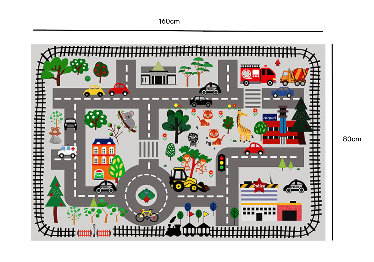 Kids Road Map Rug | Play Mat | Car Track Mat - Railway (160x80cm) - Taylorson