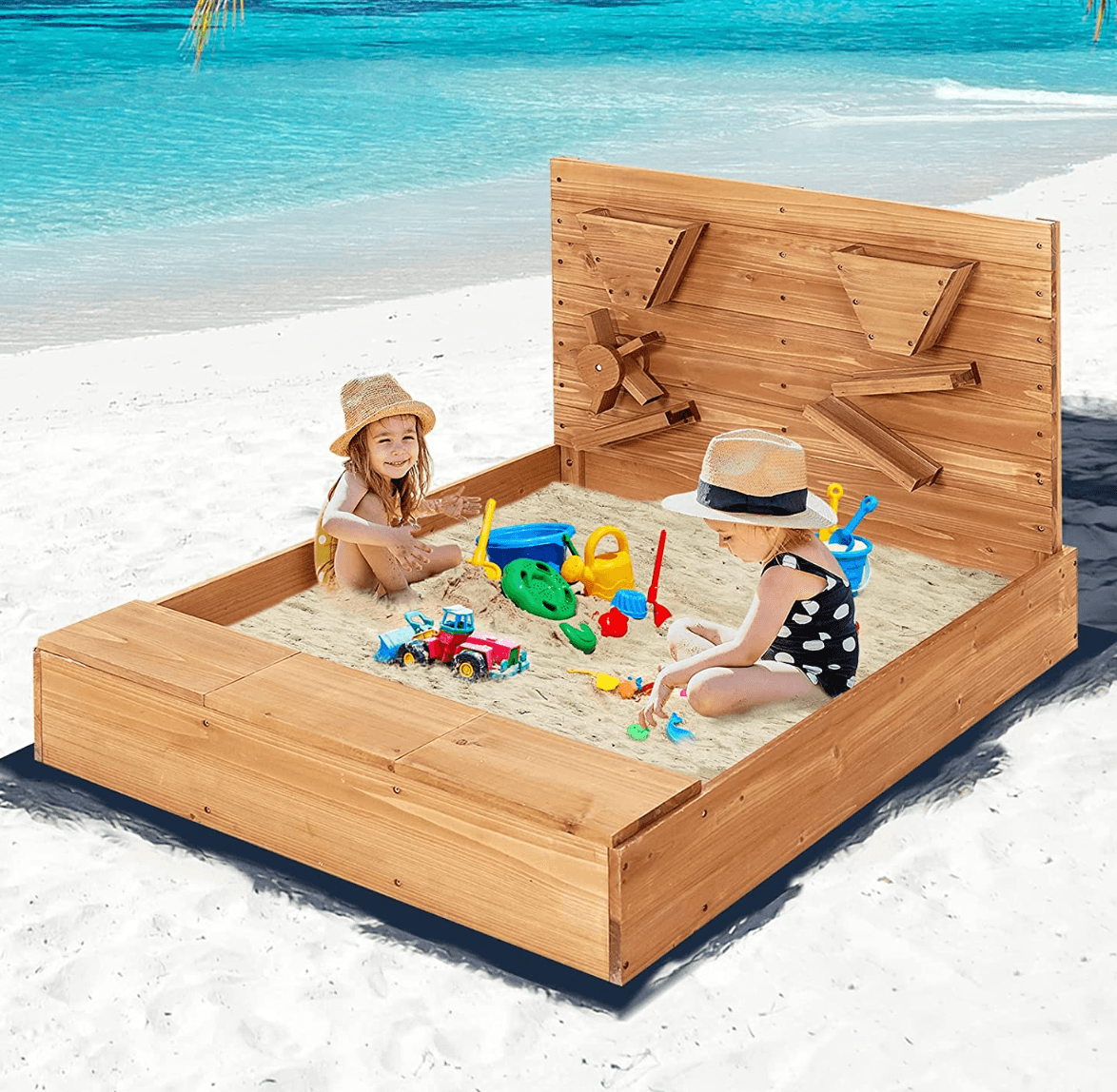 Kids Wooden Sandpit with Storage, Interactive Sand Wall - Taylorson