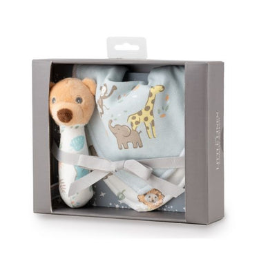 Little Linen Rattle & Bib Set - Safari Bear (Gift Set)