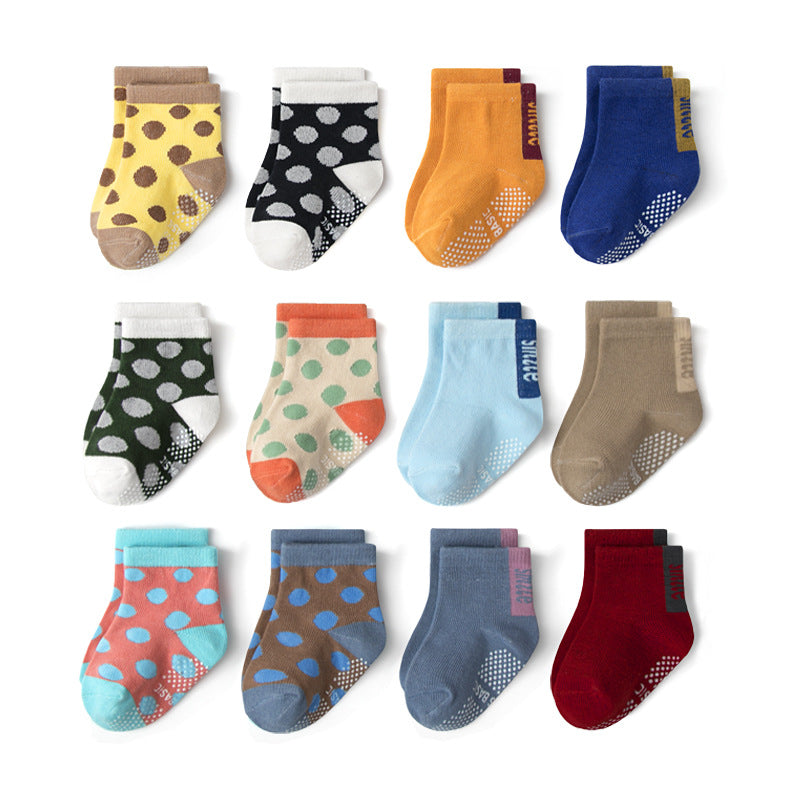 12 Pairs Set Anti-Slip Kids Socks - Polka Dots (1-5 years)