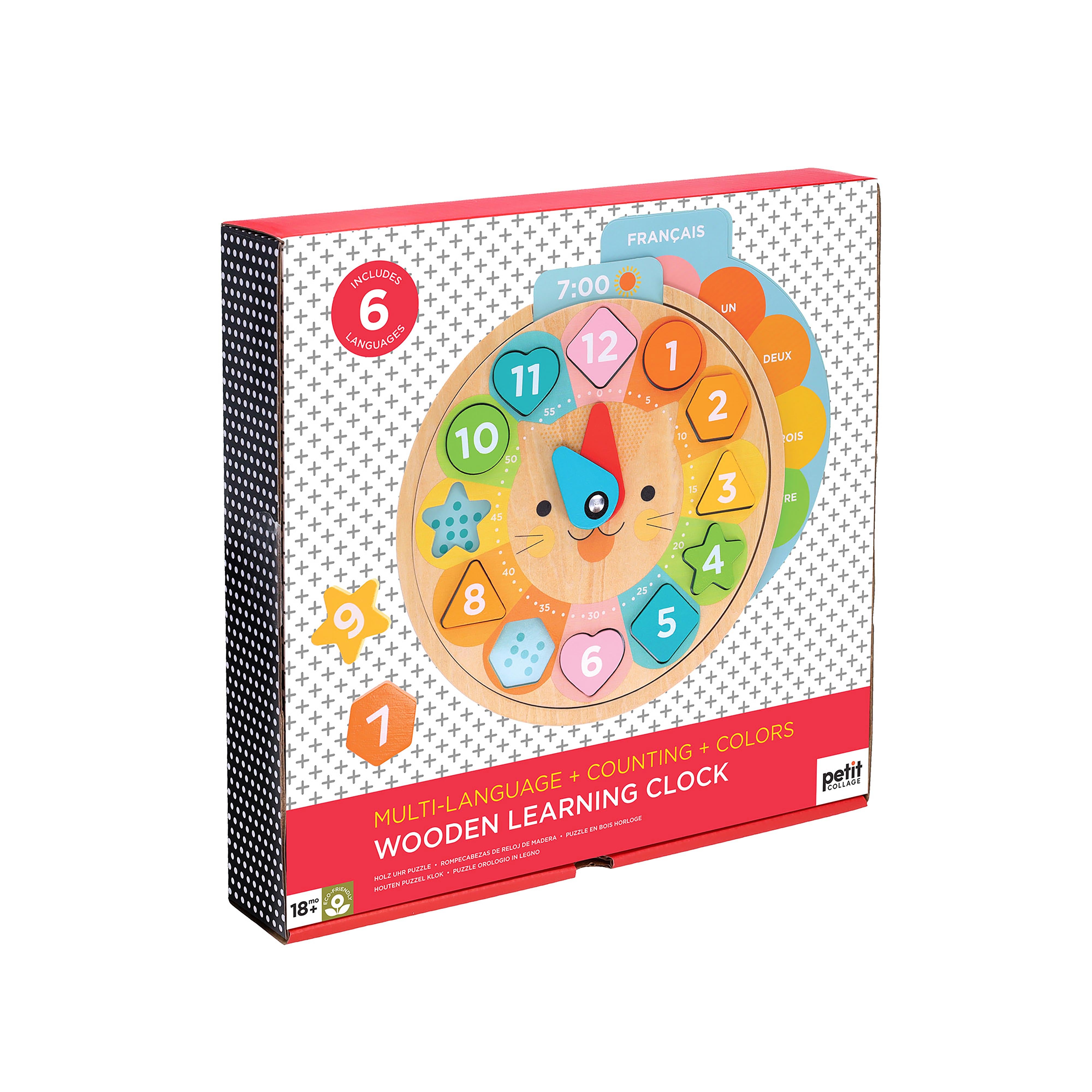Petit Collage: Multi-Language + Counting + Colors Wooden Learning Clock - Taylorson