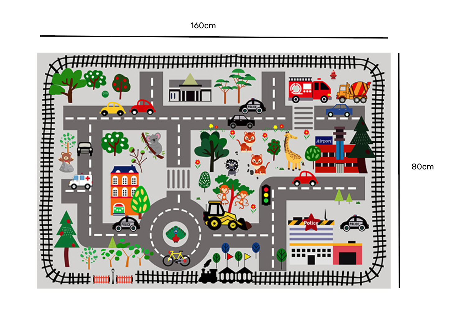 Kids Road Map Rug | Play Mat | Car Track Mat - Railway (160x80cm)