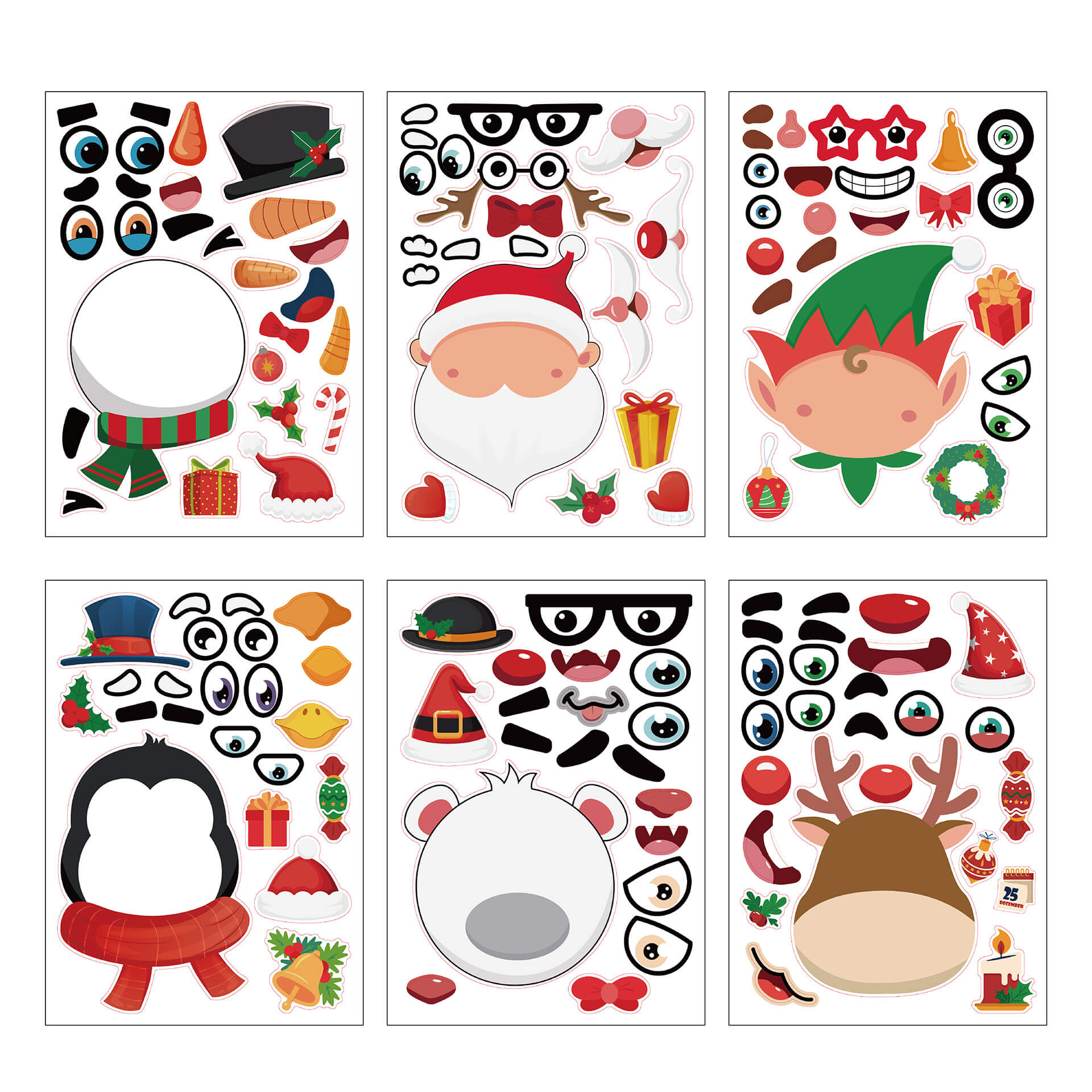 Christmas Santa, Snowman, Reindeer & More Stickers Set - 12 Sheets of Festive Decorative Fun