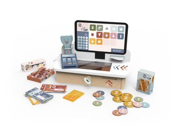 Toy cash register set with digital screen, cash, coins, and boxes on a white background