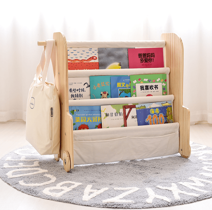 Kids Wooden Canvas Bookshelf with Wheels & Coat Rack - Taylorson