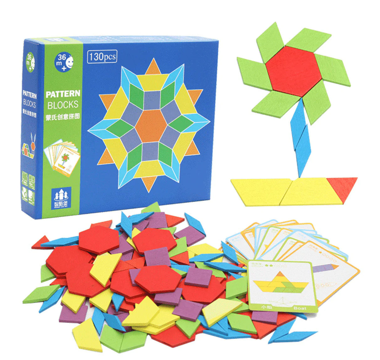 Montessori Wooden Geometric Pattern Blocks Set 130pcs - Taylorson