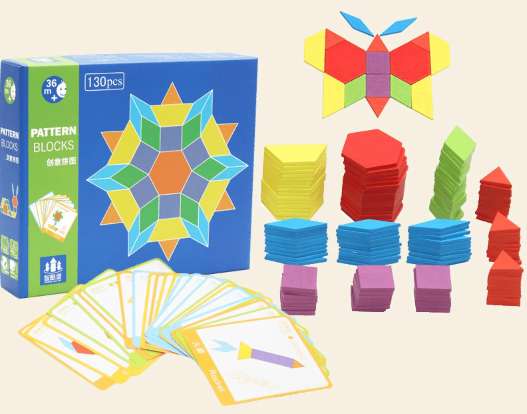 Montessori Wooden Geometric Pattern Blocks Set 130pcs – Taylorson