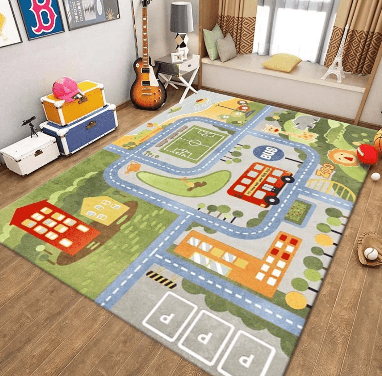 Kids Road Map Rug | Play Mat | Car Track Mat - Bus Going to Zoo (160x80cm) - Taylorson