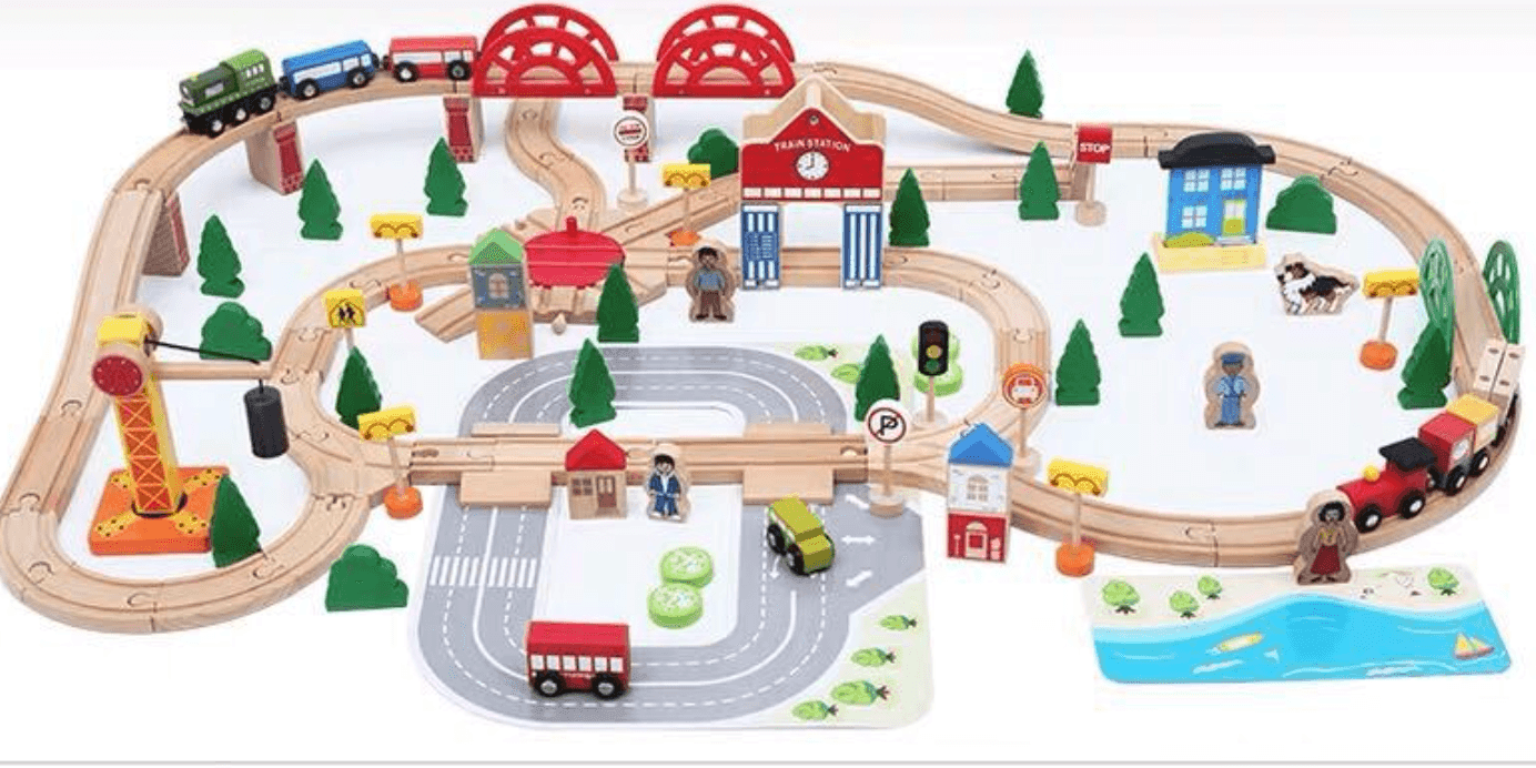 Busy Town 120 Pieces Wooden Railway Set & Wooden Blocks - Taylorson