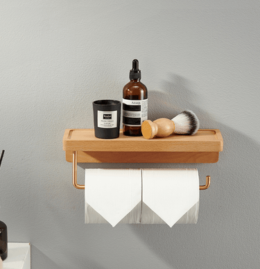 Wooden Toilet Roll Holder with Storage Shelf - Double Rolls (23cm) - Taylorson