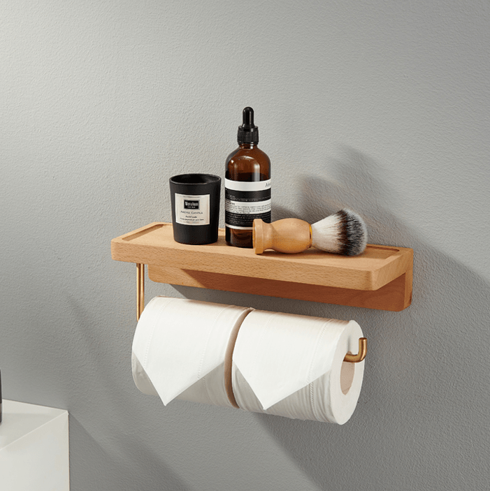 Wooden Toilet Roll Holder with Storage Shelf - Double Rolls (23cm) - Taylorson